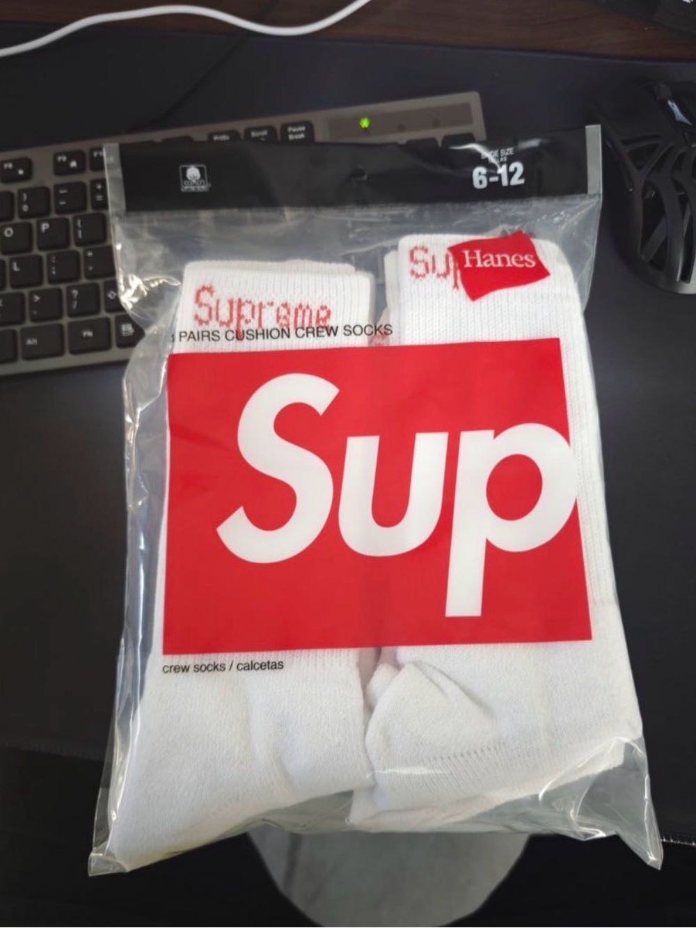 Hanes White Crew Socks with Red Supreme Box Logo